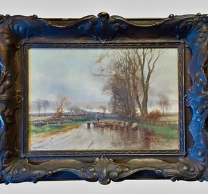 Henry Charles Fox RBA Watercolor Sheep Herder Geese Rainy Landscape Framed - Picture 1 of 19