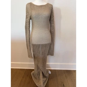 Babyboo Moana Crochet Knit Maxi Dress Backless Long Sleeve Beige S Small - Picture 1 of 5