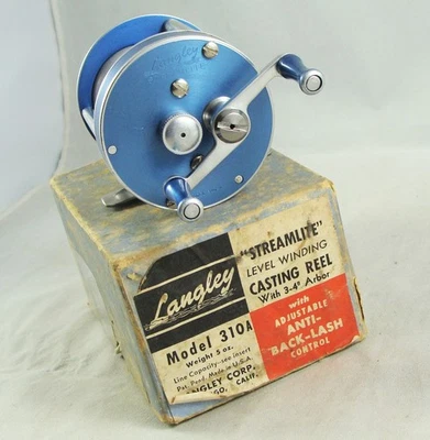 Carrete de fundición antiguo vintage LANGLEY STREAMLITE modelo 310A + caja - acabado azul Foto 1 de 4