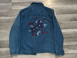 Breckenridge Blue Denim Jacket with Embroidered Floral Design Women's Size L Vtg - Picture 1 of 16