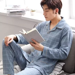enaz01 Cotton Men Pajamas Set of Autumn Winter Long-Sleeved Cardigan Plus Size - Picture 1 of 9