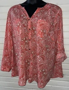 Blusa túnica Catherines talla PLUS 2X coral naranja floral cachemira abotonada usada en excelente estado - Imagen 1 de 10