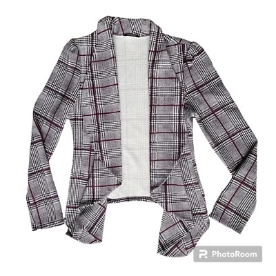 Ssoulm Knit Lightweight Open Drape Blazer Black/White/Burgundy Plaid Size Large - Image 1 of 4