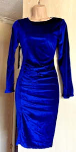 Royal Blue Velvet Bodycon Dress Long Sleeve Gathered Waist Scoop Neck Elegant: S - Picture 1 of 5