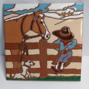 Vtg Earthtones Little Cowboy Tile 1999 Horse Dog Boy - Picture 1 of 9