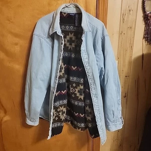 VTG XL Basic Editions Aztec Fleece Lined Denim Shacket Jacket Men's Work Shirt  - Picture 1 of 8
