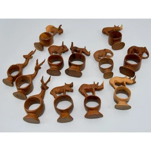 Whimsical Hand Carved Wood African Sculpture Safari Animal Napkin Ring Holders - Picture 1 of 14