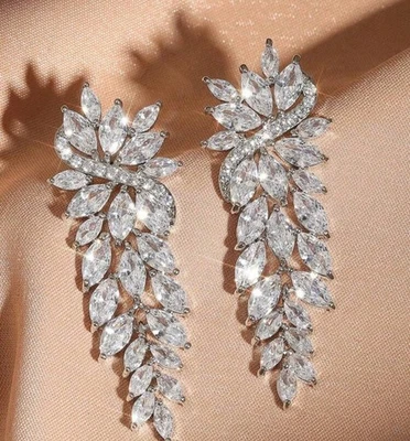 Silver Plated Crystal Long Chandelier Dangle Drop Earrings Pageant Wedding Prom - Image 1 of 4