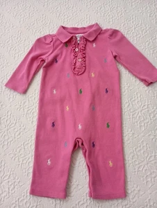 Ralph Lauren Girls Sz 6 Months Pink Colored Polo Ponies Long Sleeve Snap Romper - Picture 1 of 10