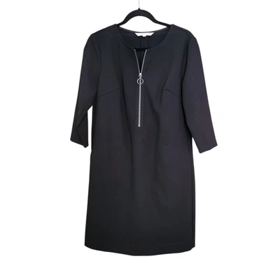 Vestido recto Trina Turk negro versado, manga 3/4, media cremallera delantera, bolsillos, talla 6 Foto 1 de 4