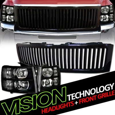 Black Headlights Parking Lamps Nb+Vertical Hood Grille For 07-13 Silverado 1500 - Image 1 of 2