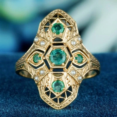 14K Gold Natural Emerald and Pearl Art deco Style Geometric Three Stone - Image 1 of 4