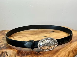 Vintage Westerngürtel schwarz Leder mit silberfarbener ovaler Concho Schnalle M - Bild 1 von 10