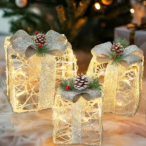 Set of 3 Christmas Lighted Boxes Indoor & Outdoor Holiday Party Decor - Picture 1 of 12