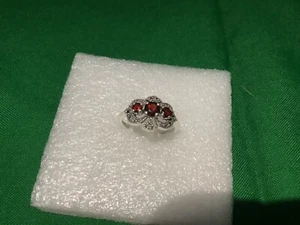 SILVER DRESS RING RUBY COLOURED STONES IN PRETTY MARCASITE SETTING SIZE S - Picture 1 of 5