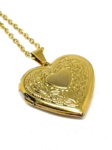 9K Gold Locket Necklace Pendant and 20'' Chain Double Heart Large Locket Filled - Picture 1 of 11