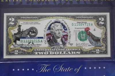 DELAWARE STATE - U.S COLORIZED $2 BANK NOTE UNCIRCULATED BILL - Image 1 of 4