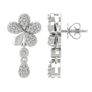 14K White Gold 1/3 cttw Diamond Flower Dangle Earrings Gift for Women - Picture 1 of 5