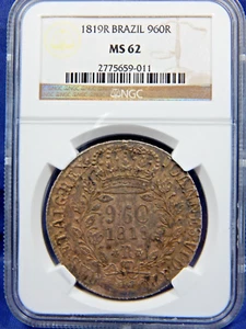 1819 R BRAZIL 960 REIS MS62 NGC BRIGHT HEAVY CROWN C/S 8 REALES RARE GRADE - Picture 1 of 3