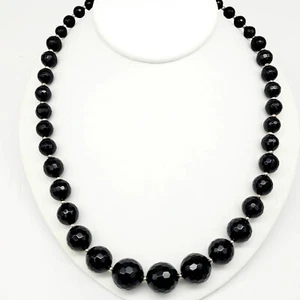 Artisan Black Onyx & Sterling Silver Faceted Beaded Necklace Graduated 24" 81 gr - Picture 1 of 5