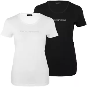 EMPORIO ARMANI Damen Rundhals T-Shirts Weiß Blau Schwarz glitzerndes Logo - Picture 1 of 12