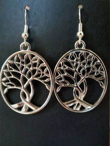 SILVERTONE "TREE OF LIFE" DROP DANGLE EARRINGS  - Picture 1 of 1
