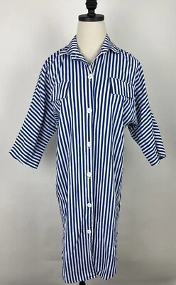 Vintage 80s Nautical Stripe Shirt Dress XS Cobalt Blue French Button Front FLAWS - Image 1 of 4