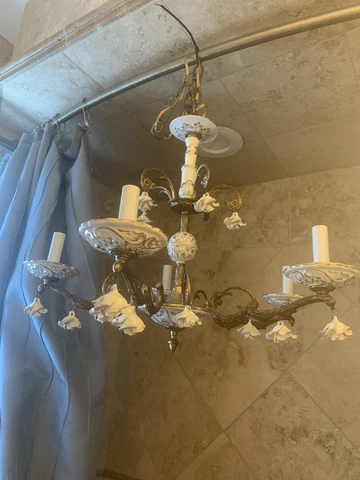 Vintage Spain 5L Chandelier Light Fixture Gilt Porcelain Brass Capodimonte ROSES Cover