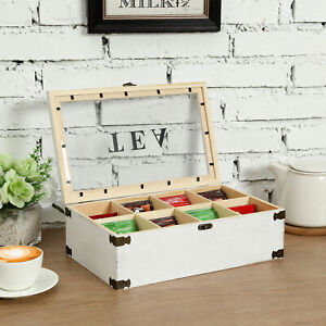 8-Compartment Vintage White Wood Tea Bag Storage Box Chest with Acrylic Lid
