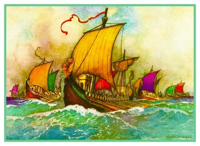 Warwick Goble Fairytale Greek Fleet Boats Counted Cross Stitch Chart Pattern - Image 1 of 3