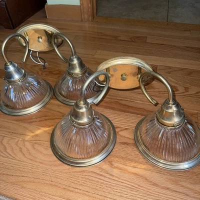 2-Vintage Gold 2 Light Bathroom Vanity Light Fixtures with Ribbed Glass Shades - Image 1 of 4