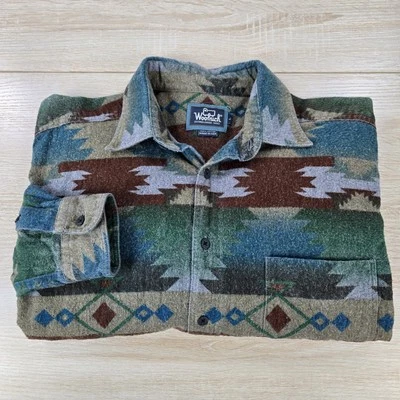 VINTAGE USA Men's L Woolrich Aztec Tribal AOP Pattern Long Sleeve Flannel Shirt - Image 1 of 4