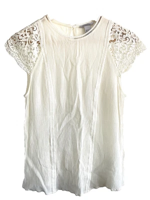 H&M Womens Size 6 Off-White Lace Sleeve Round Neck Formal Top XS - Image 1 of 4