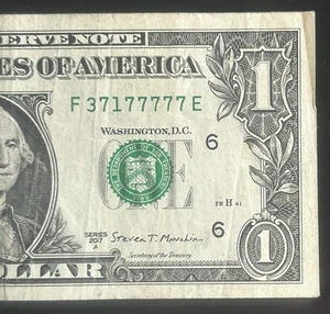(5 IN A ROW/6 OF A KIND!) $1 Alternator 6s Fancy Serial Number F37177777E - Picture 1 of 3