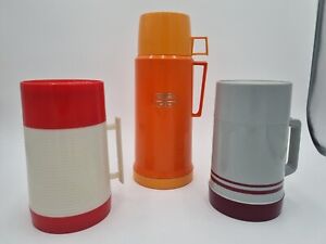 3x Vintage  Flasks - Aladdin & Thermos Vacuum Bottle Grey Orange Red Camping 