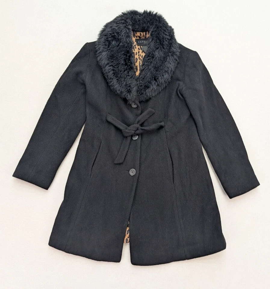 Abrigo de lana Express Vintage años 90/Y2K ribete de piel sintética talla 1/2 Foto 1 de 4