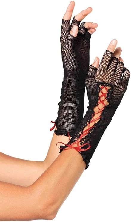 Leg Avenue Lace-Up Fishnet Fingerless Glove Black/Red - Image 1 of 1