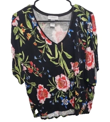 Carmen Marc Valvo Womens Top Large Black Red Floral Dolman V-Neck Casual - Image 1 of 4