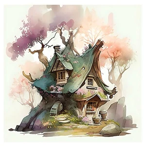 Colorful Watercolor Fantasy Forest House #7 - 8x8 Craft Cotton Fabric Block - Picture 1 of 1