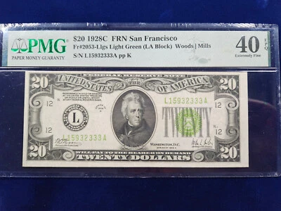 🌟 1928-C $20 FRN San Francisco Light Green Seal PMG EX-40 EPQ Fr#2053-L RARE - Image 1 of 2