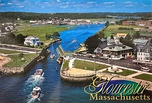 Vintage Postcard Gloucester Harbor Massachusetts Aerial View Drawbridge - Picture 1 of 2