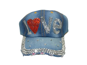 LOVE Jewel Studded Baseball Cap USA Bling Rhinestone Distressed Denim Hat Women - Picture 1 of 7