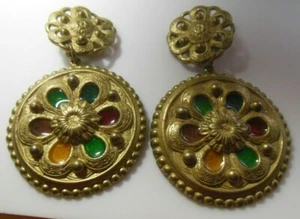 Vintage massive schwere goldfarbene Emaille Ohrhänger Scheibe Clip auf Ohrringe - Bild 1 von 3