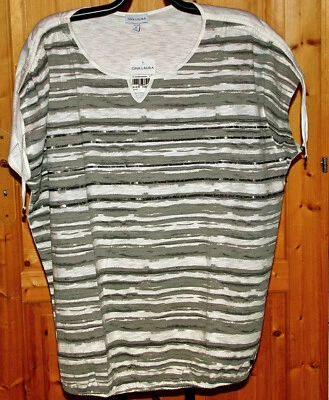 TOP TEE-SHIRT RAYURES TIE &DIE TAUPE ÉCRU SEQUINS GINA LAURA T XXL 54/56 NEUF - Photo 1/2