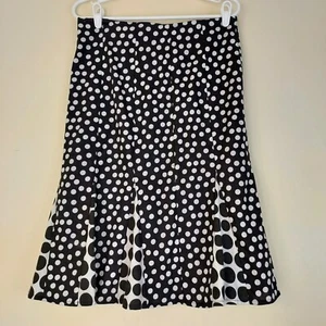 Cato White Black Polka Dot A-line Godet Knee Length Rayon Linen Size 8 Skirt - Picture 1 of 13