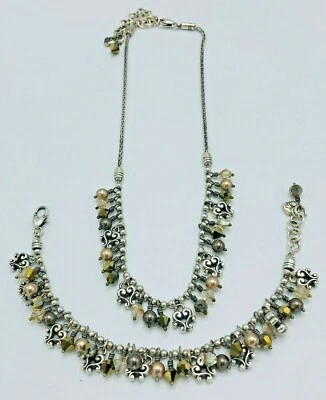 BRIGHTON CANNES NECKLACE & BRACELET SET ~ Crystal and Pearl Dangle Heart - Image 1 of 4