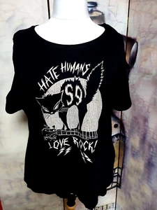 BNWT 5XL RUMBLE59 UK 22 BLACK T SHIRT CAT HATE HUMANS LOVE ROCK CURVE GUITAR - Picture 1 of 4