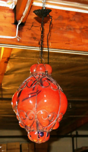  HANDCRAFTED WROUGHT IRON & GLASS  CEILING LAMP RED/BLUE HAND BLOWN BIG #A