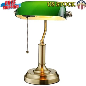 Green Glass Bankers Desk Lamp Antique Desk Lamps with Brass Base Library Lamp - Picture 1 of 6