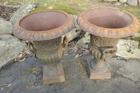 Large Pair of Antique Cast Iron Urns - Great Details Cover